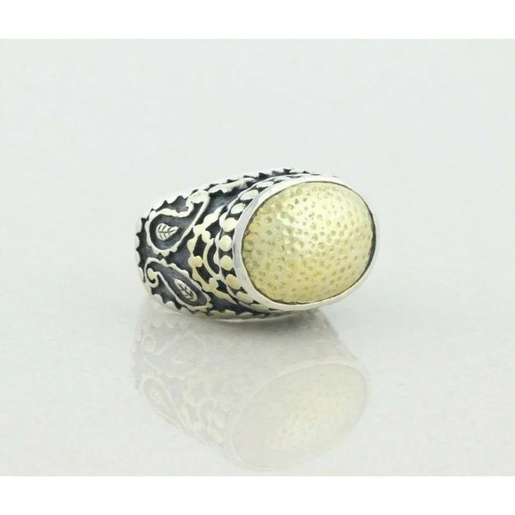 Sterling Silver Large Ring Gold Plated Center with Leaf Design Sides size 8 - Picture 4 of 9